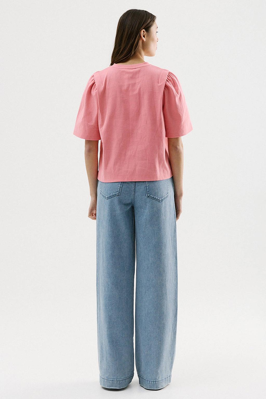 Roze dames CKS top met effen, driekwart mouwen en ronde hals