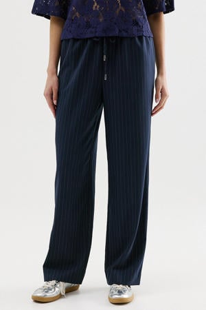 wide leg regular waist broek met krijtstreep blauw