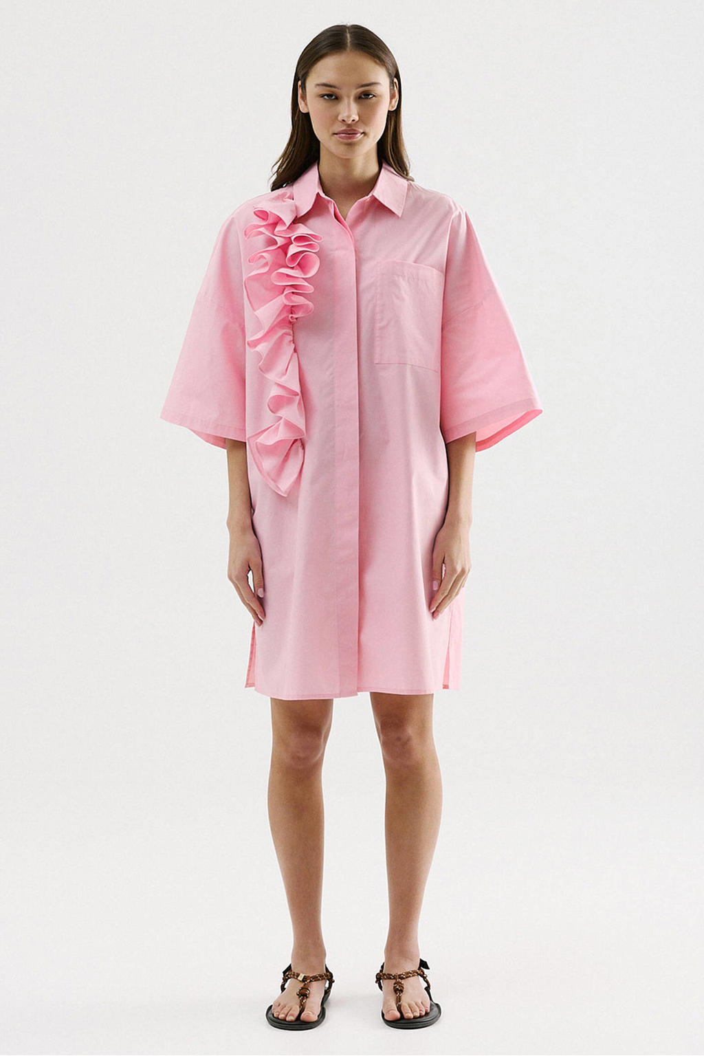 Roze dames CKS blousejurk van katoen met effen, korte mouwen, klassieke kraag en knoopsluiting