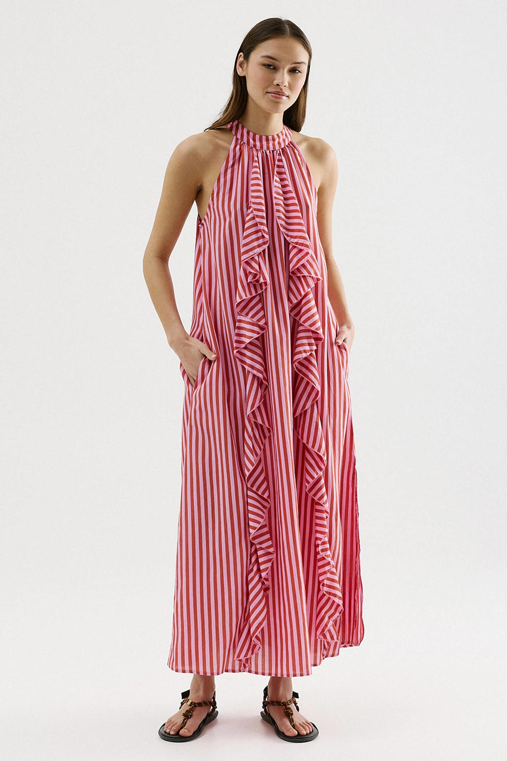 Rood en roze dames CKS gestreepte maxi jurk van viscose met halterkraag en knoopsluiting