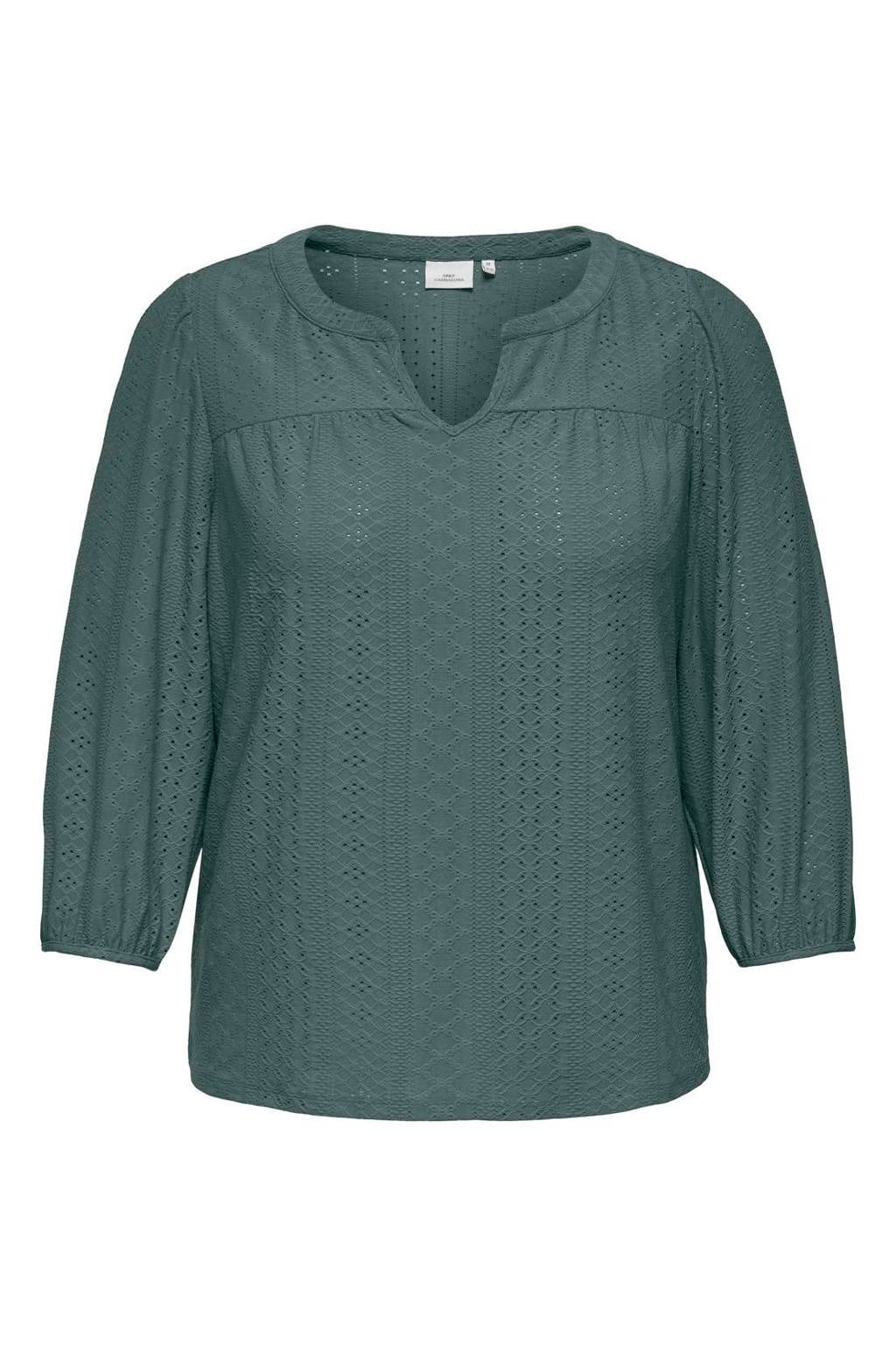 Groene dames ONLY CARMAKOMA blousetop broderie van polyester met effen, driekwart mouwen en V-hals