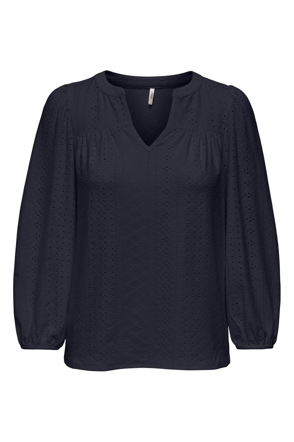 Donkerblauwe dames ONLY CARMAKOMA blousetop broderie van polyester met effen, driekwart mouwen en V-hals