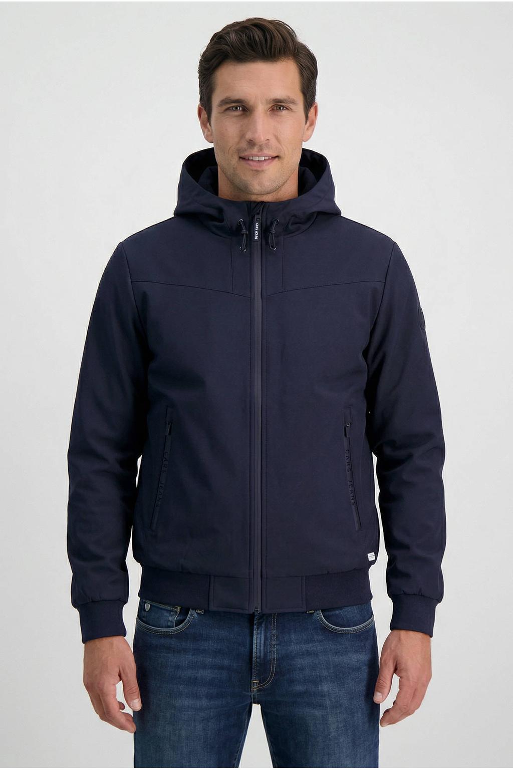 Donkerblauwe heren Cars zomerjas van polyester met effen, lange mouwen, capuchon, ritssluiting en elastische boord