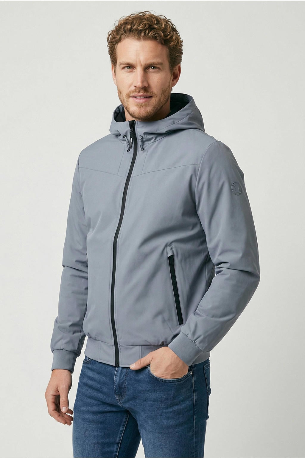 Grijsblauwe heren Cars zomerjas blauw van polyester met effen, lange mouwen, capuchon, ritssluiting en elastische boord