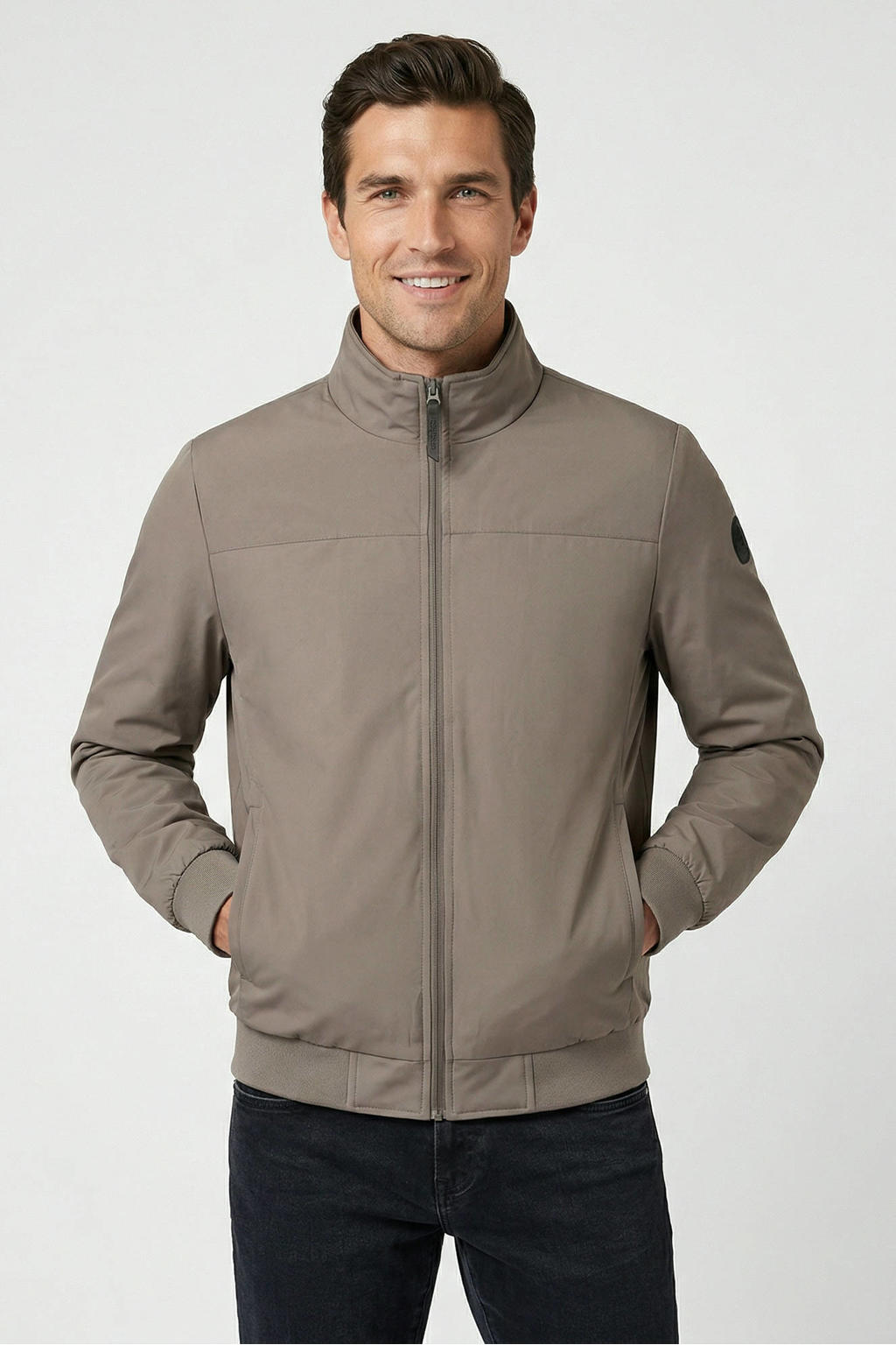 Taupe heren Cars zomerjas van polyester met effen, lange mouwen, opstaande kraag, ritssluiting en elastische boord