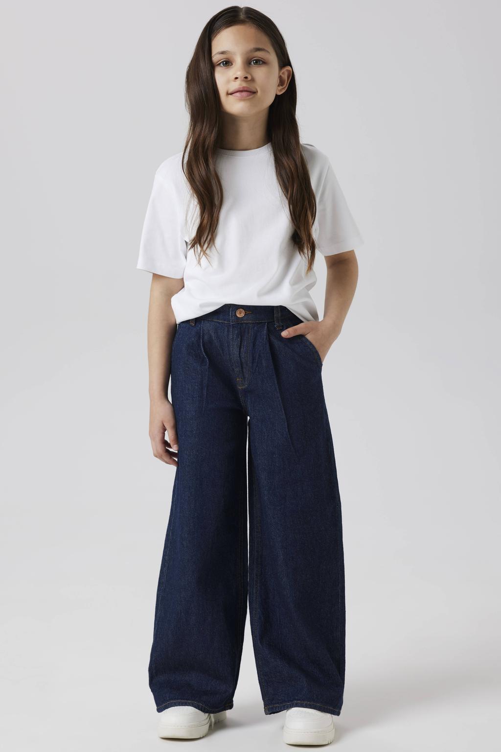 Dark blue denim meisjes NAME IT KIDS wide leg jeans dark blue van denim met rits- en haaksluiting en effen