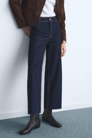 high waist straight leg jeans dark blue denim