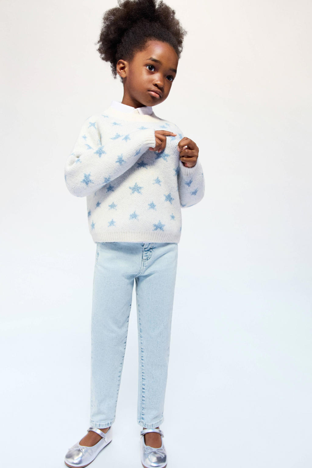 Light blue denim meisjes Mango Kids slim fit jeans van denim met regular waist, drukknoopsluiting en effen