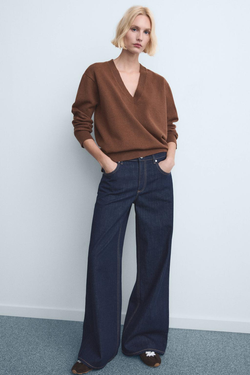 Dark blue denim dames Mango high waist wide leg jeans dark blue van denim met rits- en knoopsluiting en effen