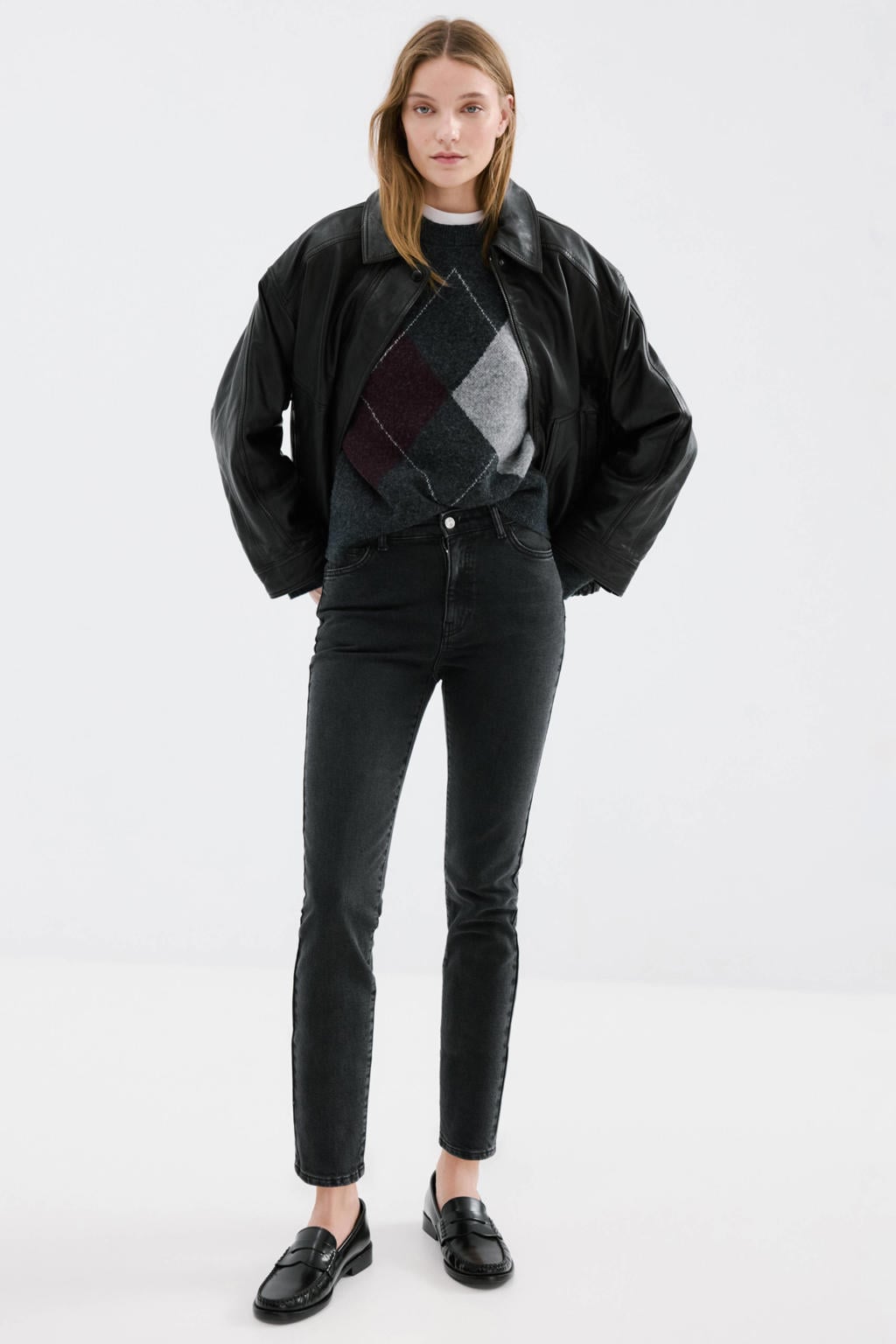 Grey denim dames Mango high waist skinny jeans van denim met rits- en knoopsluiting en effen