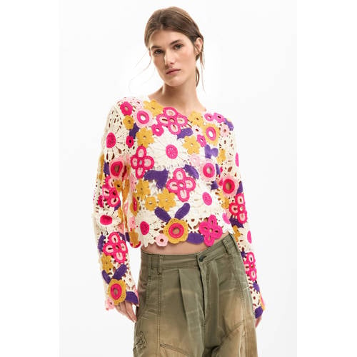Desigual gebloemde cropped trui roze gehaakt afbeelding