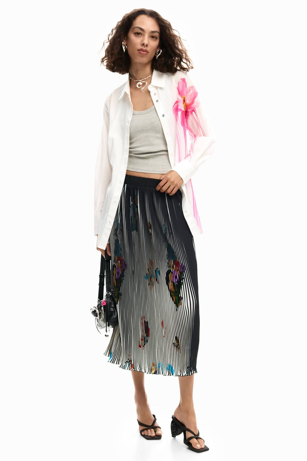 Zwarte dames Desigual gebloemde midi rok gemaakt van polyester en met elastische tailleband
