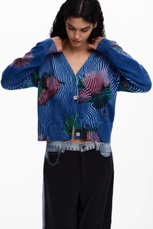 gebloemde gebreid vest blauw