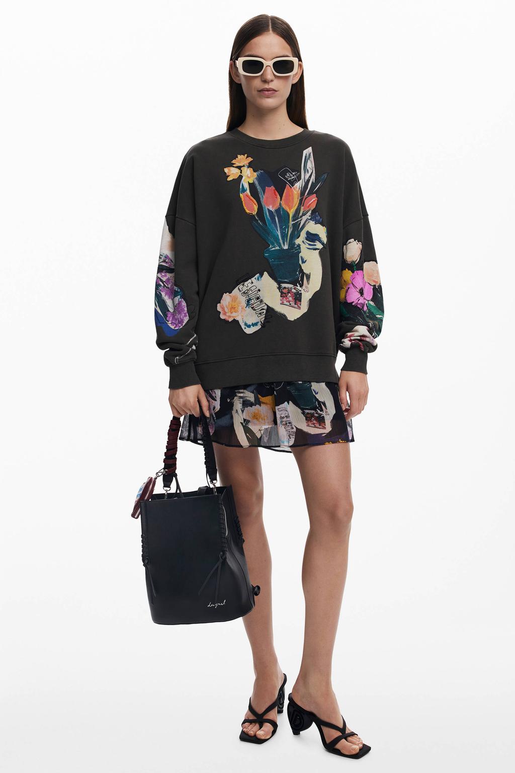 Donkerblauwe dames Desigual gebloemde sweater van katoen met lange mouwen en ronde hals