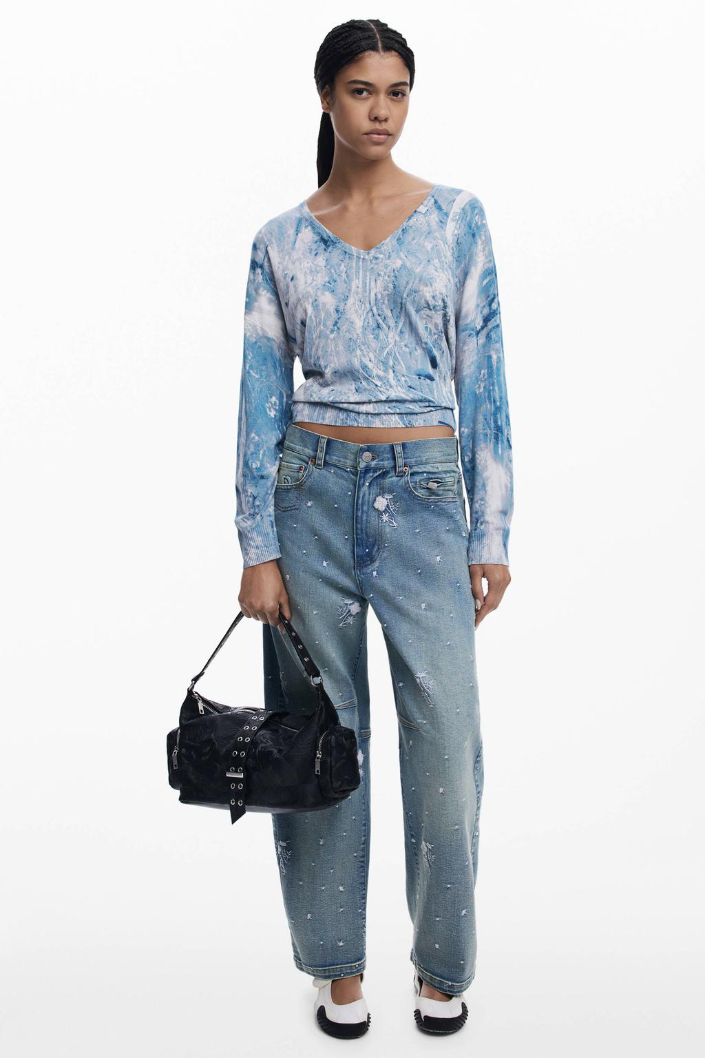 Blauwe dames Desigual gebreide trui van viscose met lange mouwen en V-hals