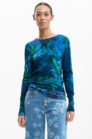 gebloemde pullover blauw fijn gebreid