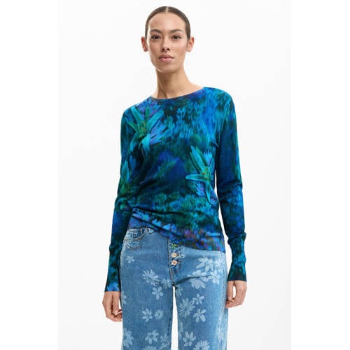 Desigual gebloemde pullover blauw fijn gebreid afbeelding