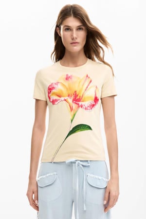 gebloemde T-shirt ecru