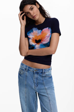 gebloemde T-shirt donkerblauw