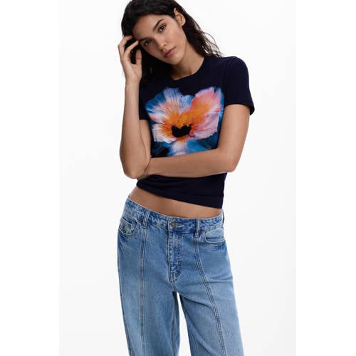 Desigual gebloemde T-shirt donkerblauw afbeelding