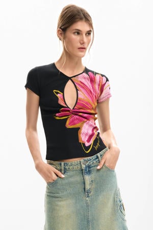 gebloemde T-shirt zwart