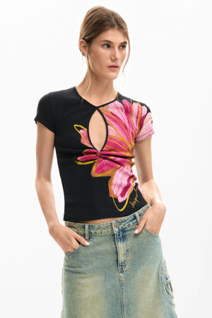 gebloemde T-shirt zwart