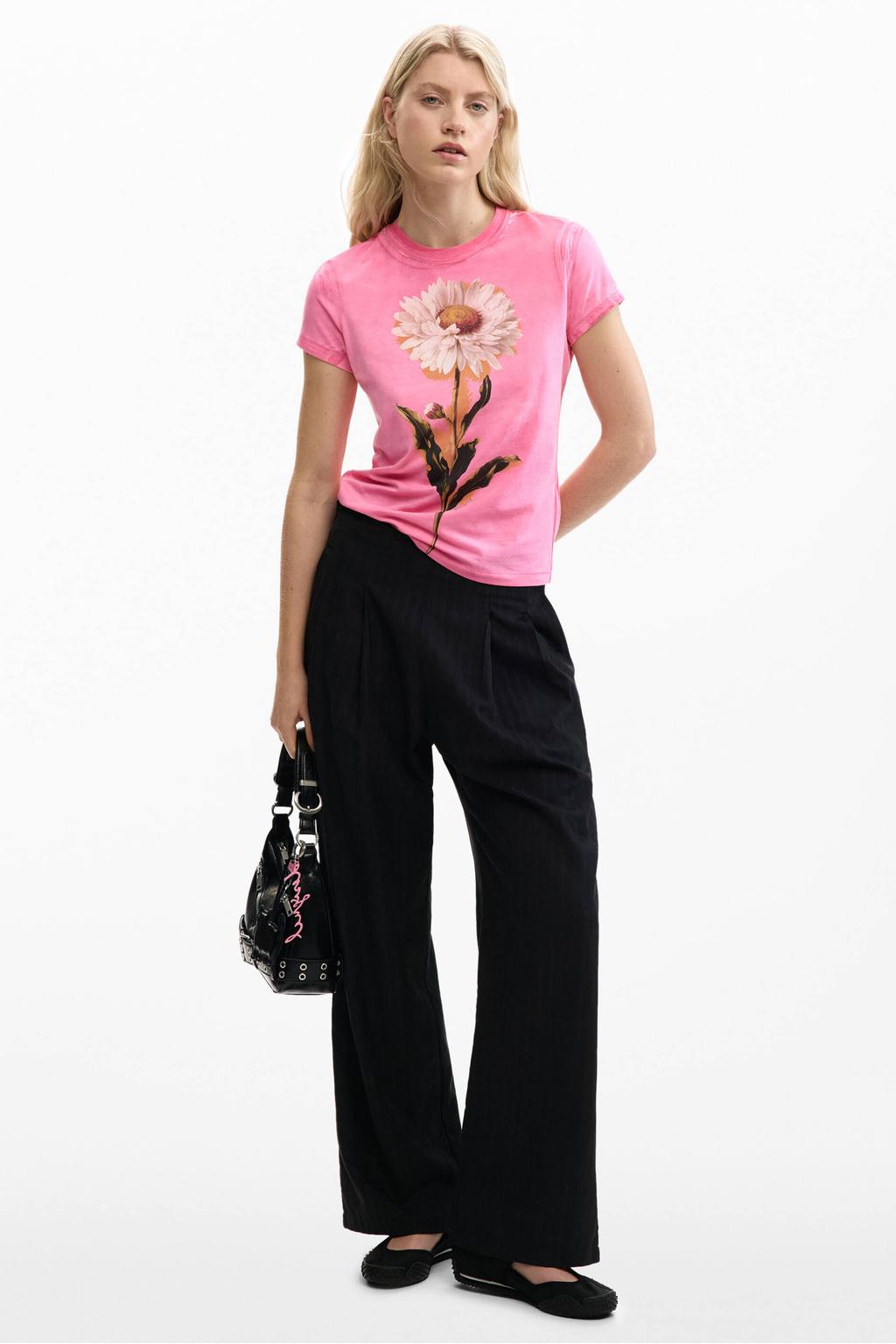 Roze en witte dames Desigual gebloemde T-shirt van katoen met korte mouwen en ronde hals