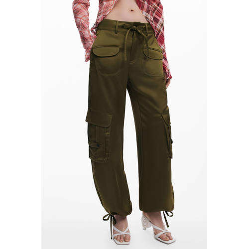 Desigual satijnen tapered low waist cargobroek kaki afbeelding