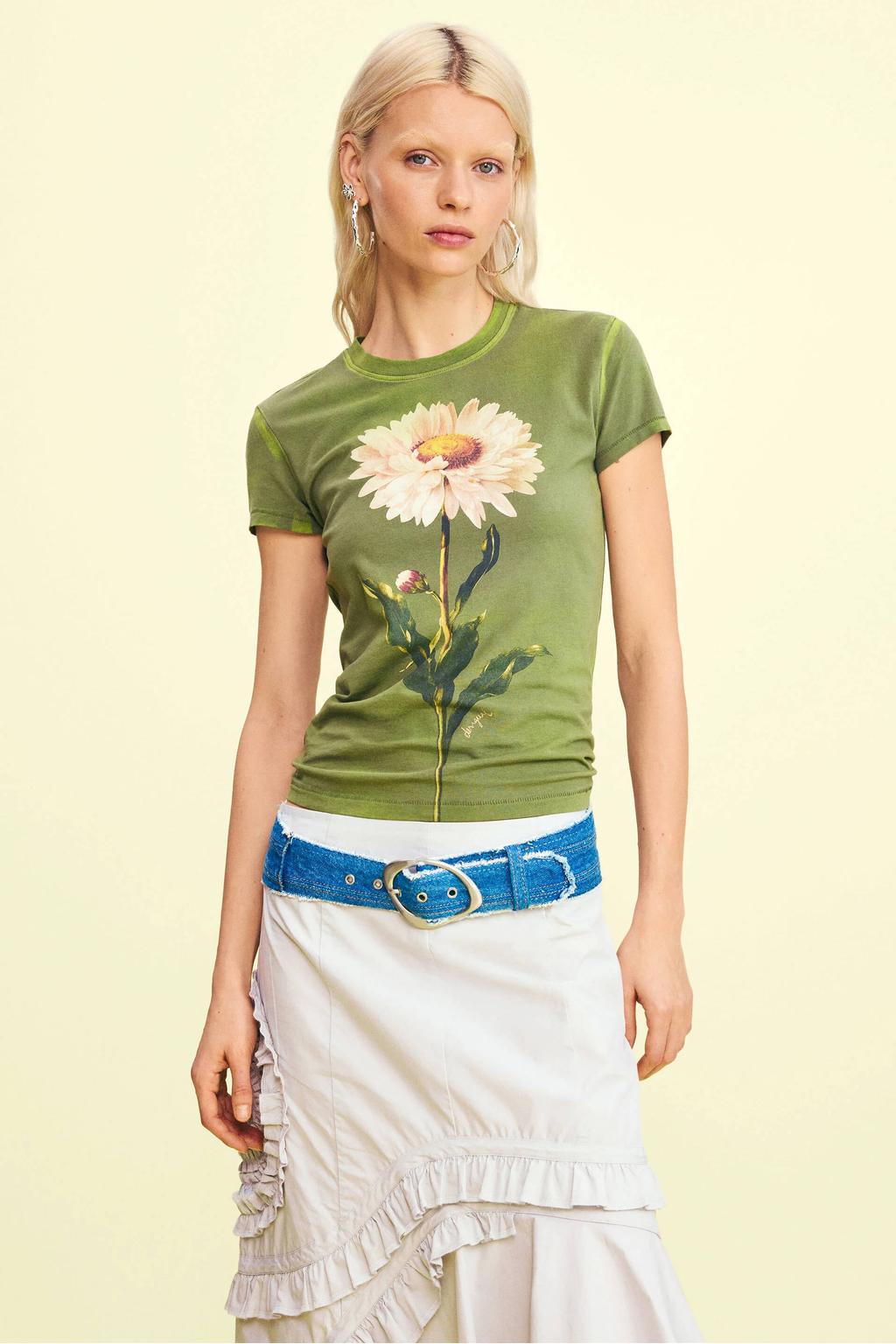 Groen en witte dames Desigual gebloemde T-shirt van katoen met korte mouwen en ronde hals