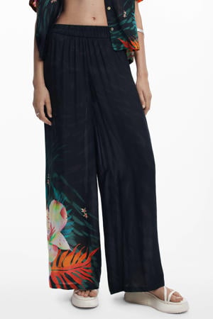 wide leg regular waist gebloemde broek zwart