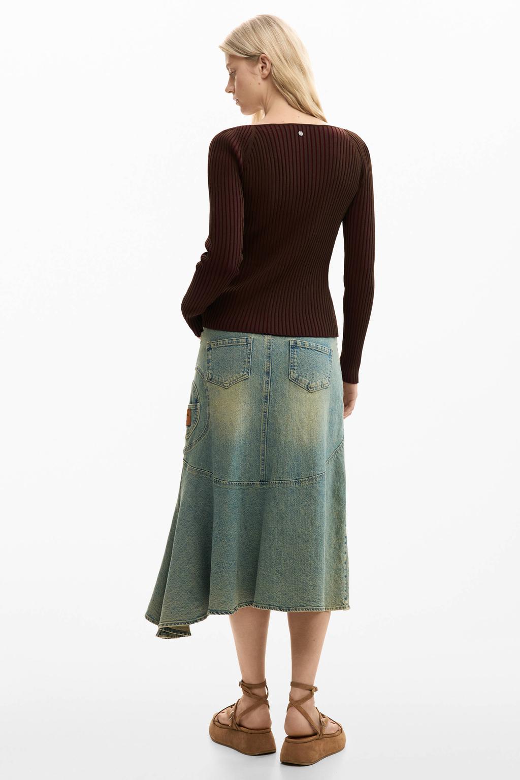 Bruine dames Desigual top van viscose met effen, lange mouwen en vierkante hals