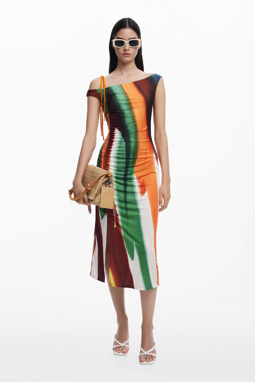 Multikleurige dames Desigual off shoulder jurk van polyester met korte mouwen