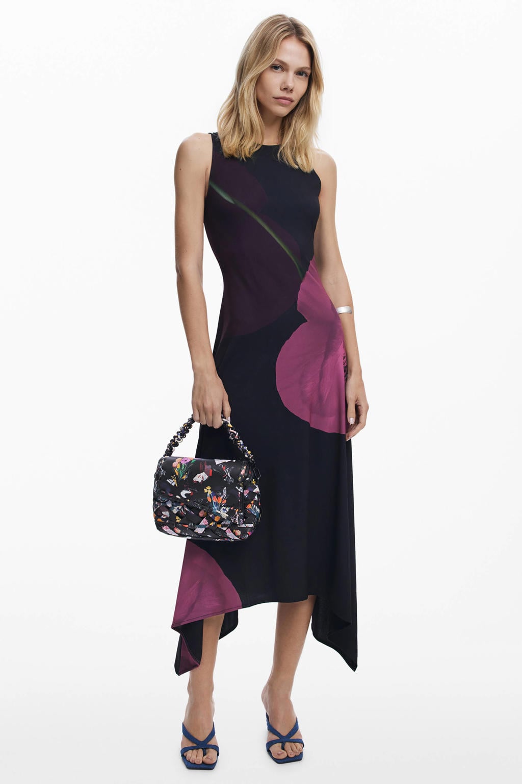 Zwarte dames Desigual gebloemde midi jurk van polyester met ronde hals