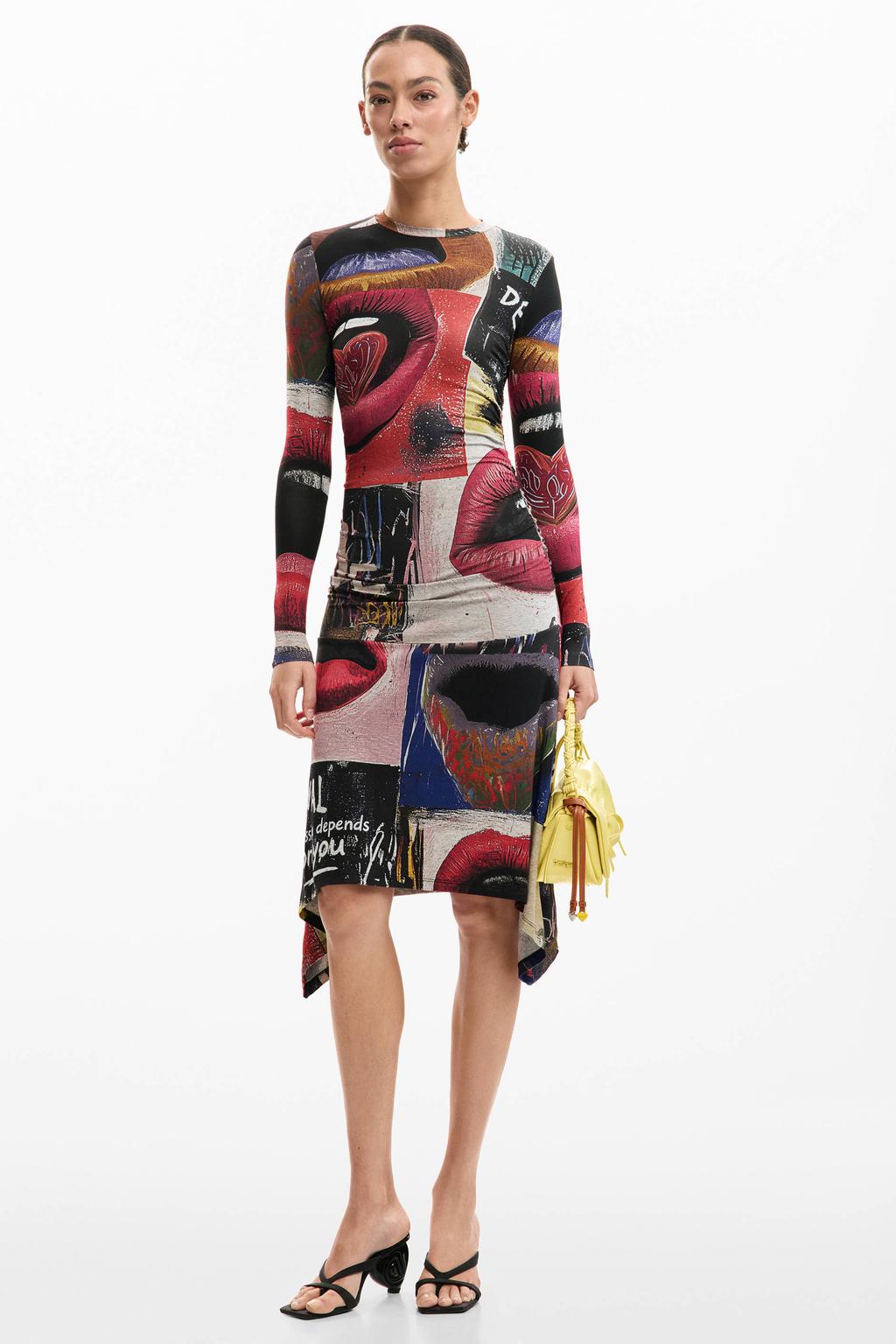 Multikleurige dames Desigual A-lijn jurk van viscose met lange mouwen en ronde hals