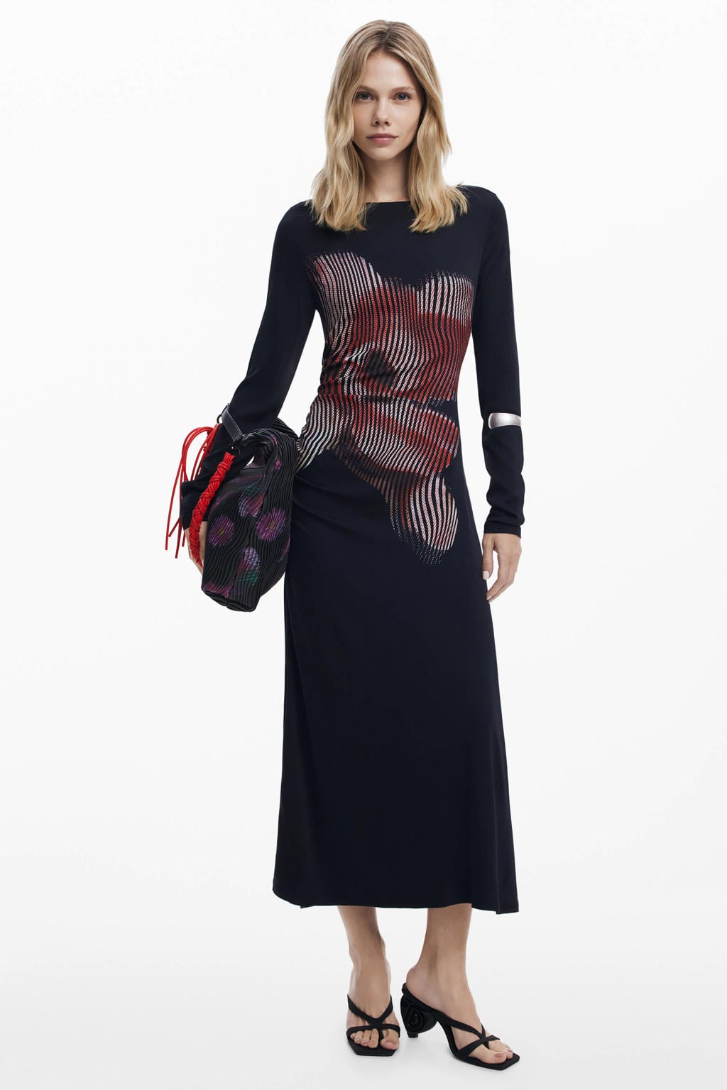 Zwarte dames Desigual gebloemde midi jurk van viscose met lange mouwen en boothals