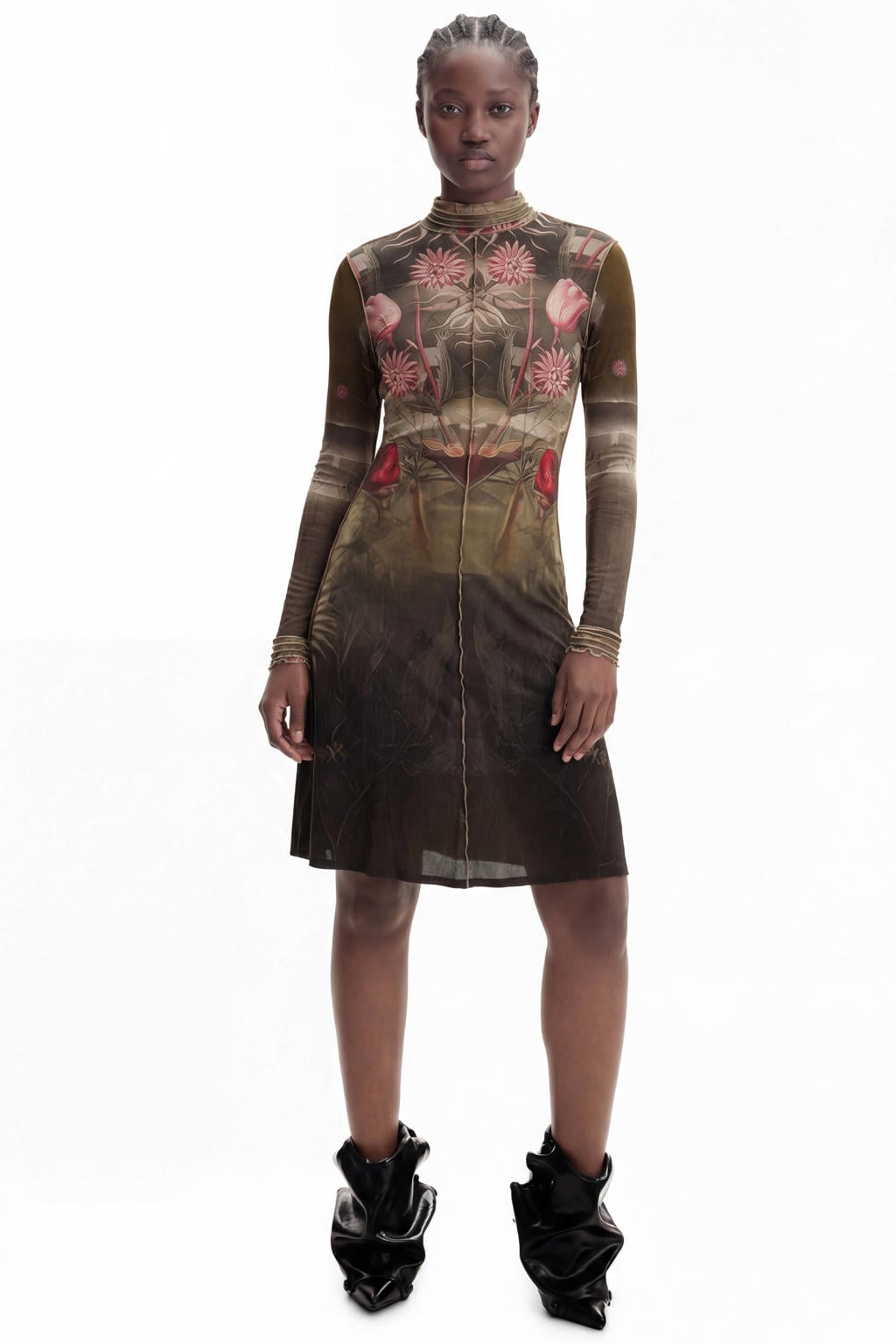 Zwart en groene dames Desigual midi jurk van viscose met lange mouwen en ronde hals