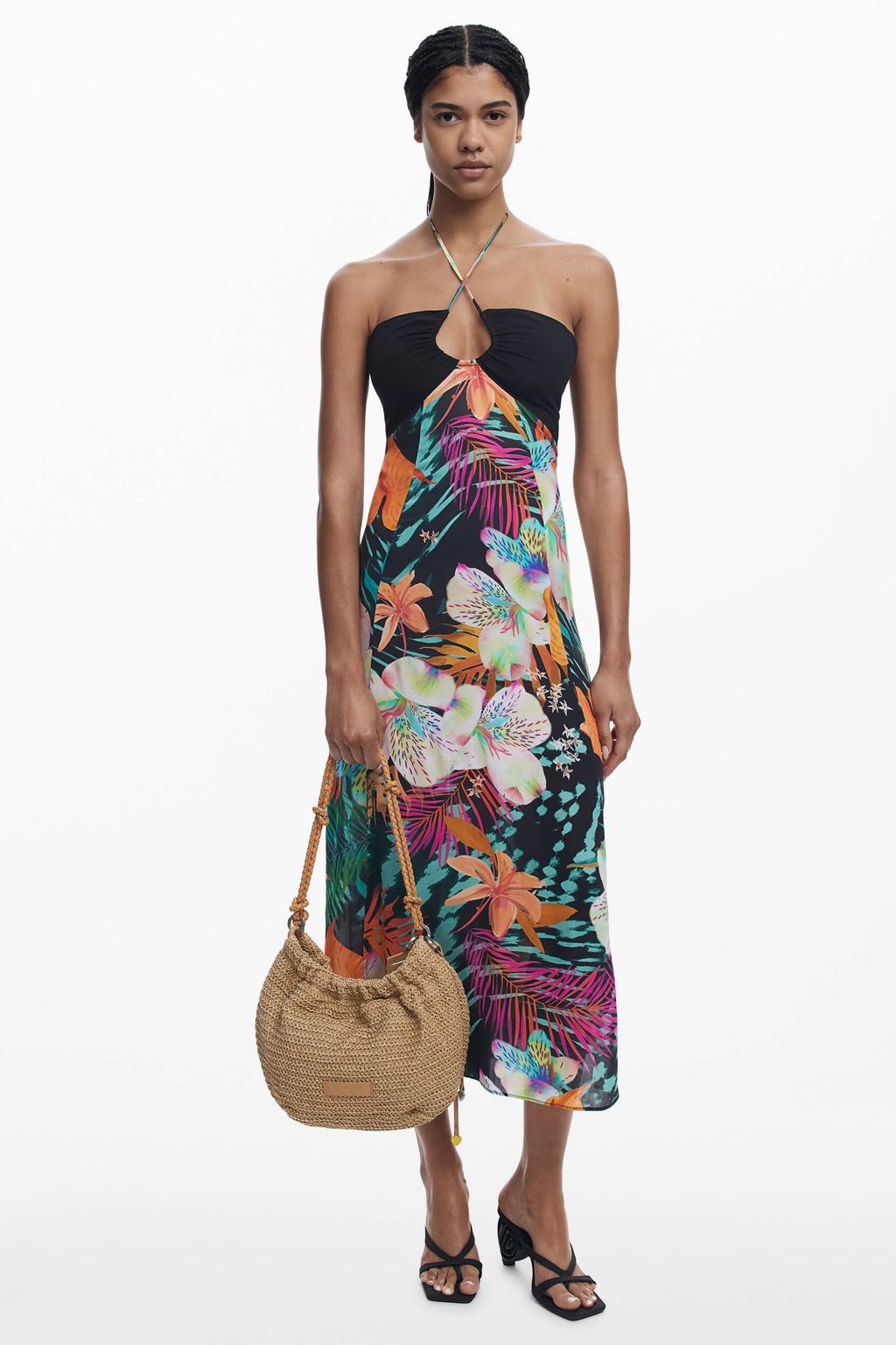 Zwart en multikleurige dames Desigual maxi jurk van viscose met halterkraag en knoopsluiting