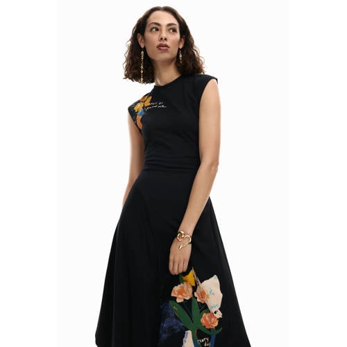 Desigual gebloemde midi jurk zwart afbeelding