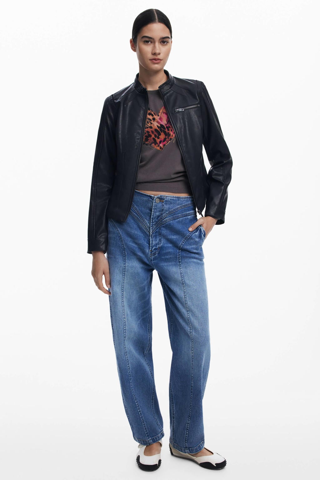 Zwarte dames Desigual imitatieleren jack met lange mouwen en opstaande kraag