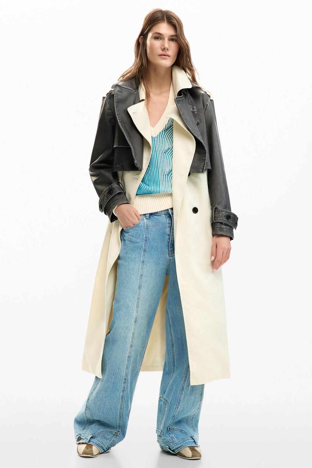 Ecru en bruine dames Desigual imitatieleren leren trenchcoat met lange mouwen en reverskraag