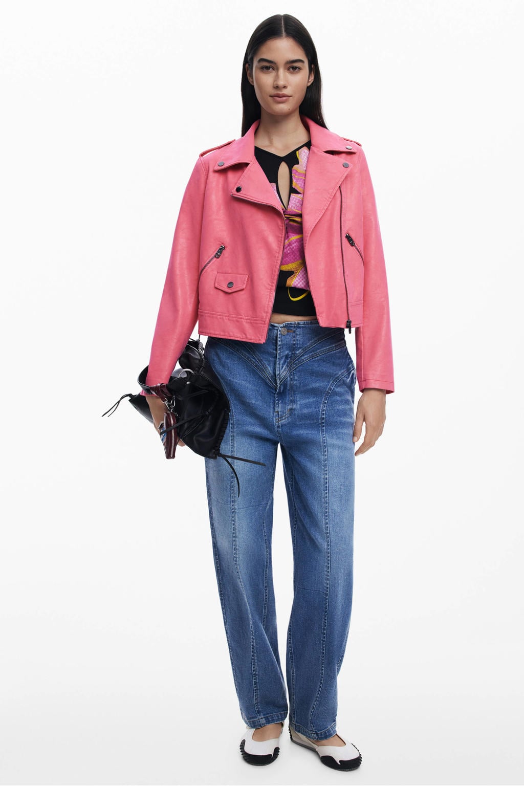 Roze dames Desigual imitatieleren bikerjack met lange mouwen en reverskraag
