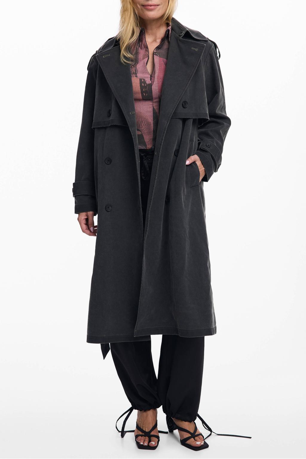 Antraciete dames Desigual imitatieleren trenchcoat met lange mouwen, reverskraag en ceintuur