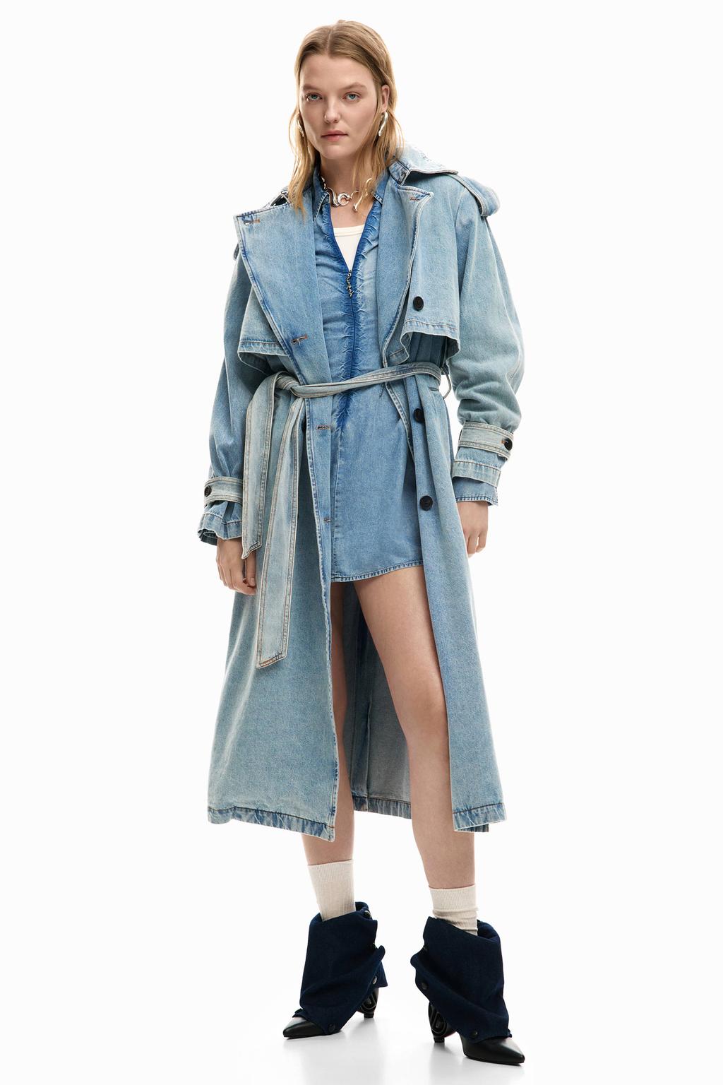 Light blue denim dames Desigual trenchcoat van denim met effen, lange mouwen, reverskraag en ceintuur