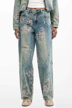 gebloemde barrel jeans medium blue denim