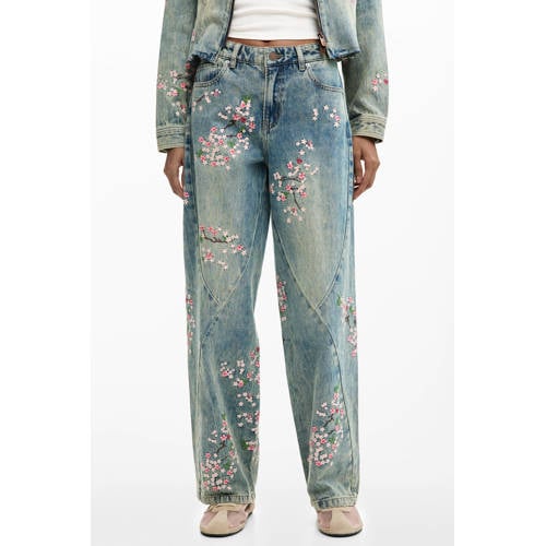 Desigual gebloemde barrel jeans medium blue denim afbeelding