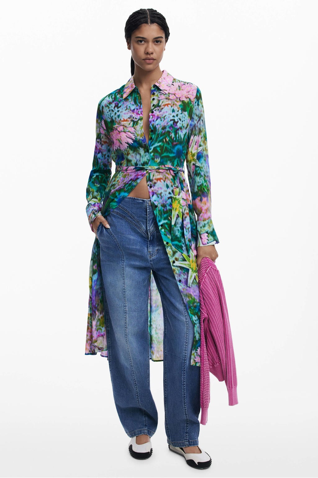 Groen en blauwe dames Desigual gebloemde blousejurk van viscose met lange mouwen en klassieke kraag