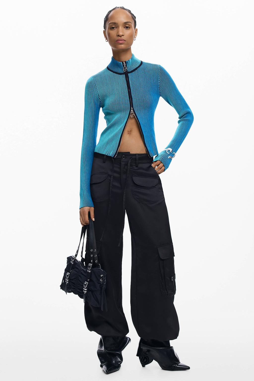 Blauwe dames Desigual gestreepte sweatvest rib gebreid van viscose met lange mouwen en opstaande kraag