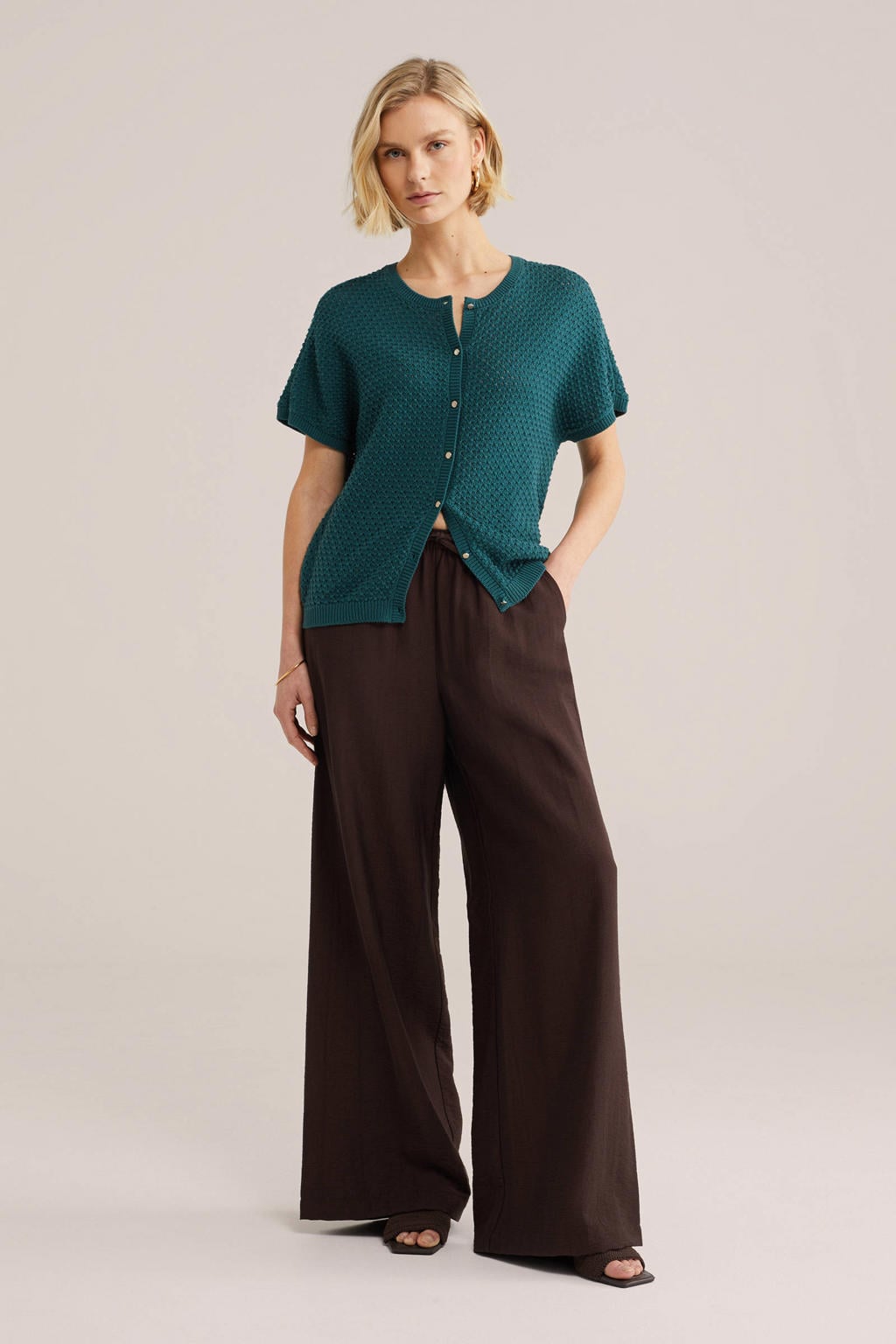 Blauwe dames WE Fashion gebreid vest van katoen met effen, driekwart mouwen, ronde hals en knoopsluiting
