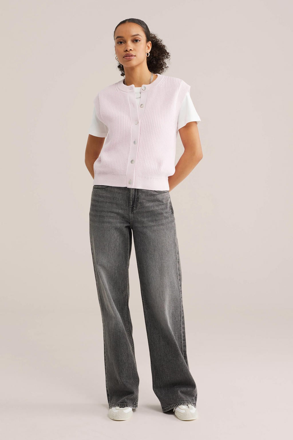 Lichtroze dames WE Fashion vest gebreid van katoen met effen, ronde hals en knoopsluiting