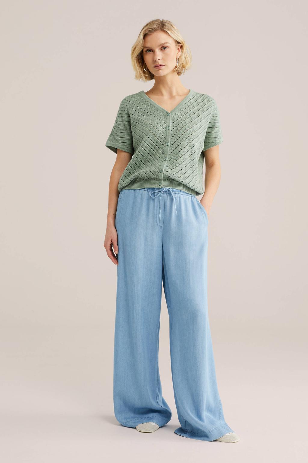 Groene dames WE Fashion vest van katoen met effen, korte mouwen, V-hals, knoopsluiting en geribde boorden